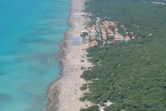 Blick auf den Strand und den Pinienwald des Campingplatzes Continental in Marina di Castagneto in der Toskana