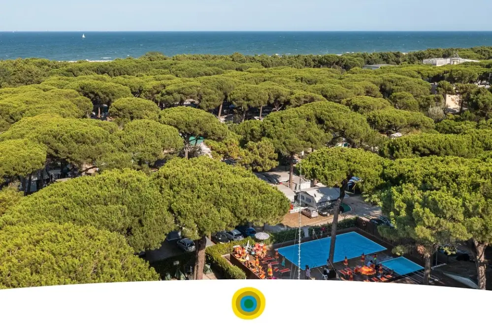 Blick auf den Pinienwald und das Meer des Rivaverde Family Camping Village Marina di Ravenna in der Emilia-Romagna