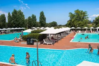 Swimming pool's top view of the Camping La Chiocciola in Capannole in Tuscany