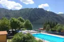 View of the swimming pool of the camping Pilù on Lake Idro in Lombardy