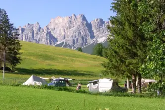 view of the Dolomites from the pitches of the Rocchetta campsite in Cortina d'Ampezzo in Veneto