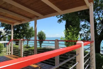 View of Lake Garda from the mobile homes of Camping Rolli in Lombardy