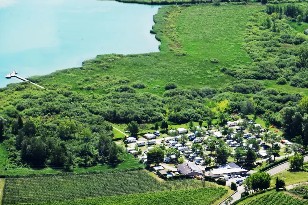 panoramic view of the camping St. Josef am Kalterer See on Lake Caldaro in South Tyrol