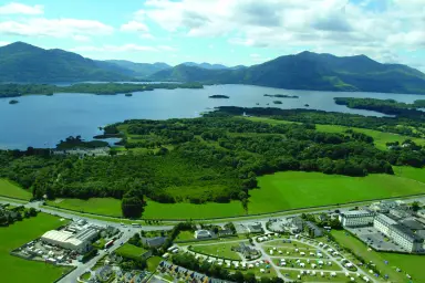 View of Killarney Flesk Caravan & Camping and lake Lough Leane in Ireland